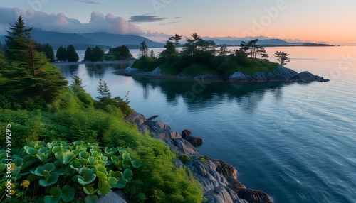 Aerial View of Lush Greenery and Coastal Landscape in Tofino, Vancouver Island at Dawn