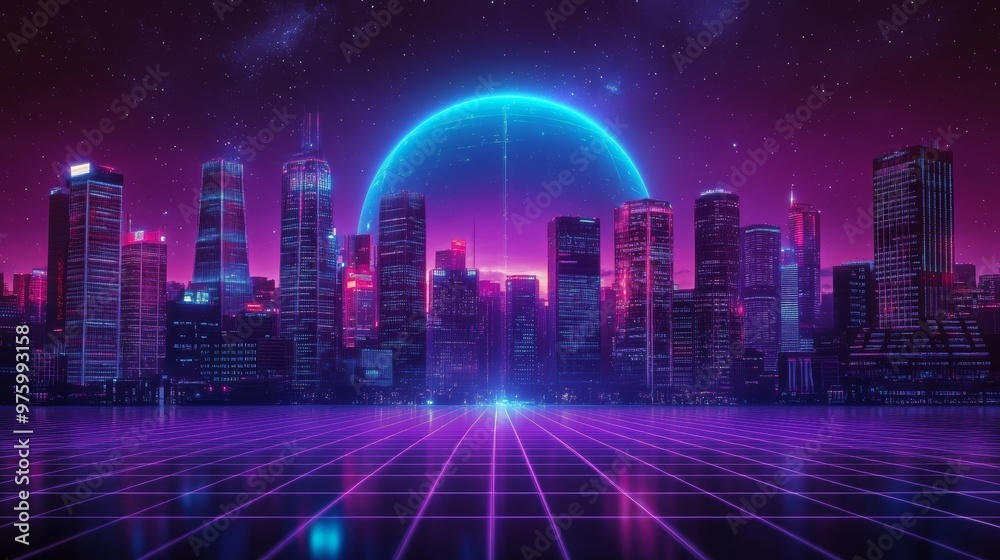 Futuristic city skyline with neon lights and vibrant colors, showcasing a retro-inspired aesthetic at night. Futuristic city skyline with neon lights and vibrant colors, showcasing a retro-inspired aesthetic at night.