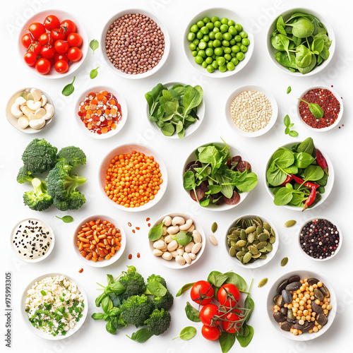 vegetables healthy greens fresh tomatoes peas broccoli ingredients salad assortment natural nutrition organic seeds variety diet vegan bowl mixed colorful vitamins 