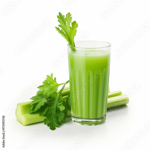 Glass of celery juice and some celery on the side white background