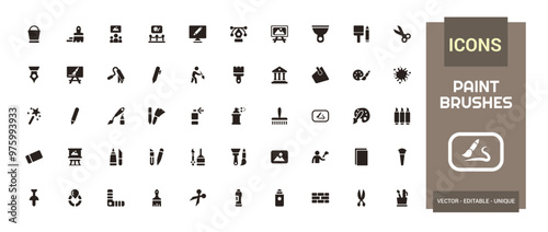 Paint brushes icon set. Related to spray, color palette, paint bucket and more. Filled icons vector illustration. Glyph icon set for web and ui. Editable stroke.