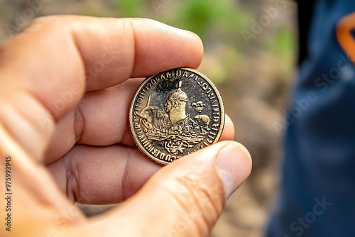 An archaeologist holding an ancient coin, its details still visible, revealing glimpses of a powerful empire that once ruled the land photo