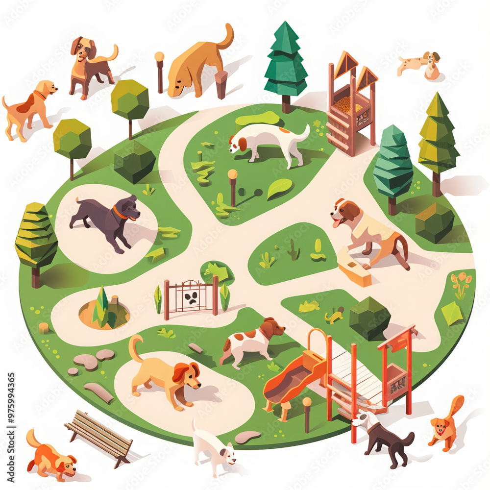 Fototapeta premium dogs park animals play trees grass paths nature outdoors pets leash running fun exercise social gathering community day environment family interaction healthy 