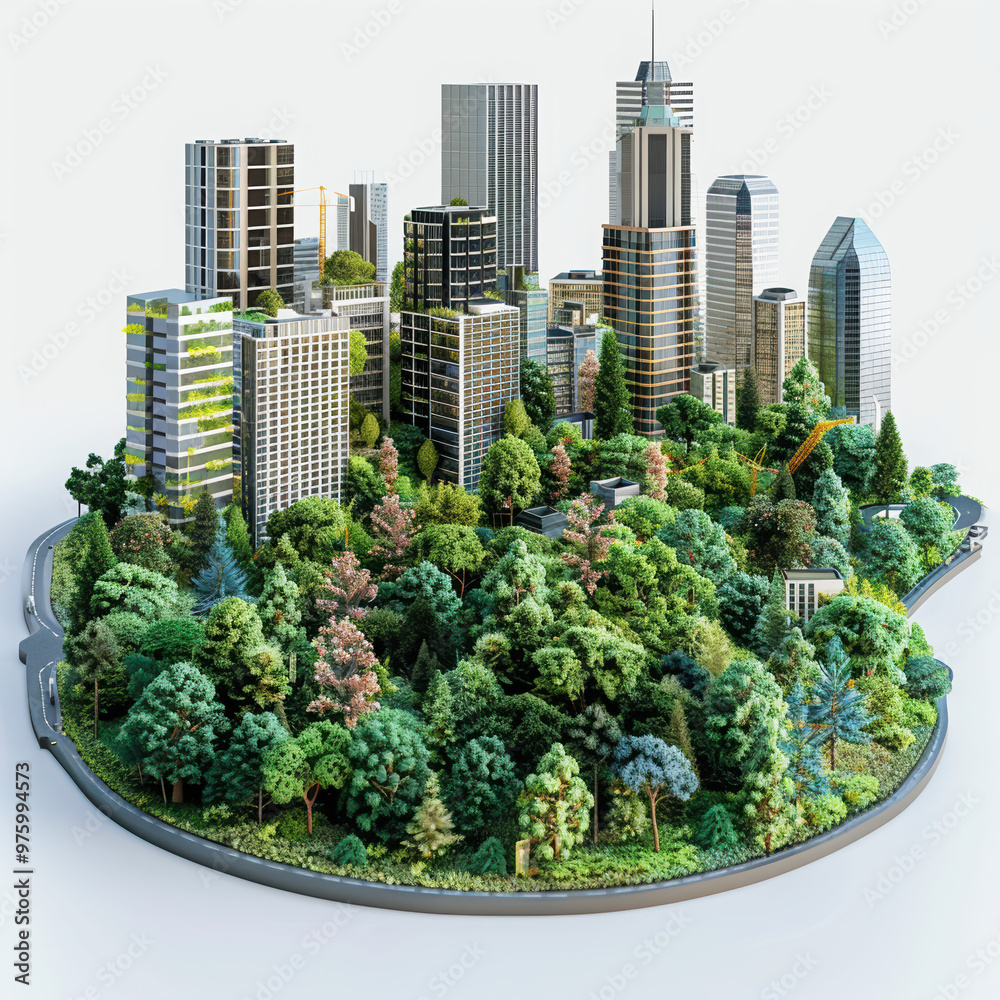 Fototapeta premium cityscape urban skyline forest greenery trees buildings skyscrapers nature environmental modern architecture eco-friendly green city sustainable high-rise 