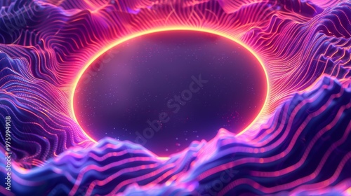 A mesmerizing futuristic design showcasing a glowing ring encircled by neon light waves, creating an entrancing visual of otherworldly and high-tech appeal.