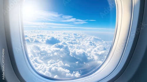 Cloudy Sky View From an Airplane Window During Daytime Flight Over a Blue Horizon