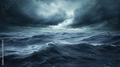 eerie seascape with roiling dark clouds looming over a turbulent ocean muted blues and grays create a haunting atmosphere perfect for horror themes or expressing feelings of melancholy and unease