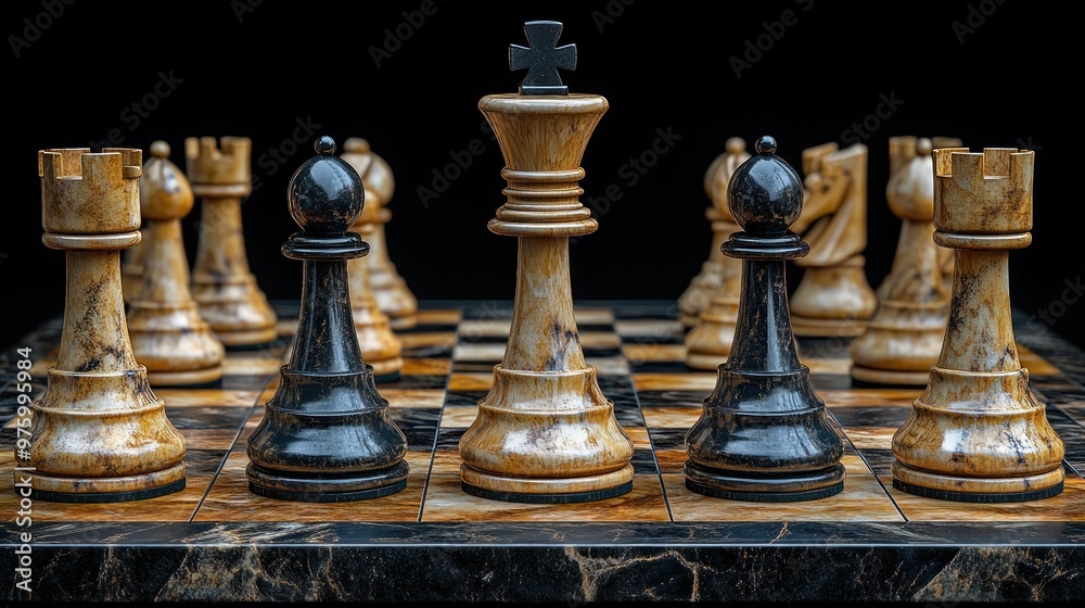 A close-up view of a chessboard featuring ornate pieces.