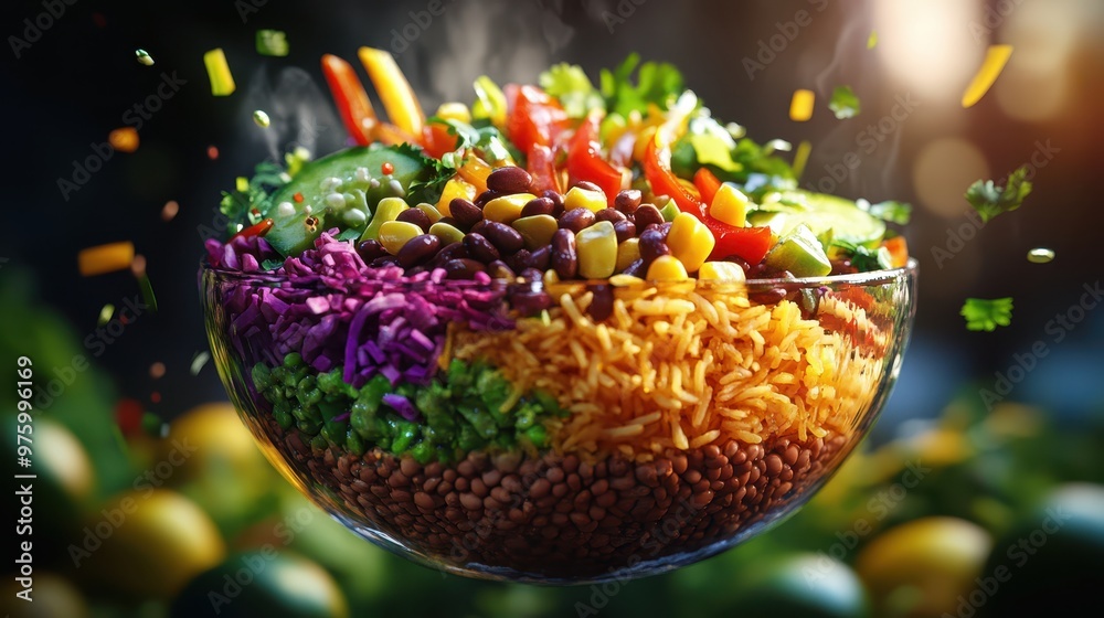 Levitating burrito bowl cut into segments, with floating rice, beans ...