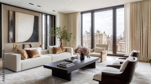 elegant living room featuring floorlength drapes in rich fabrics framing large windows and complementing modern furniture photo