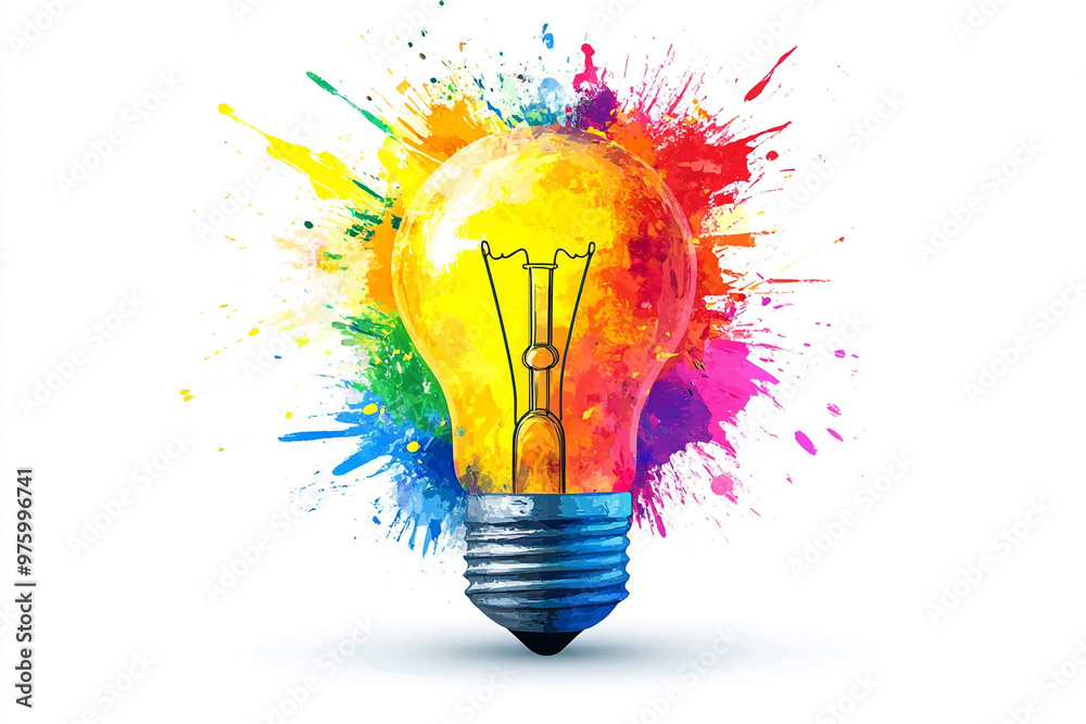 Creative, colorful light bulb with abstract shapes and splashes of paint on a white background. Creative idea concept design.