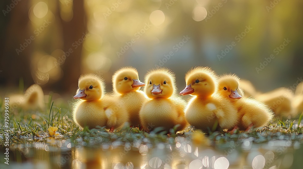A Group of Yellow Ducklings by a Pond