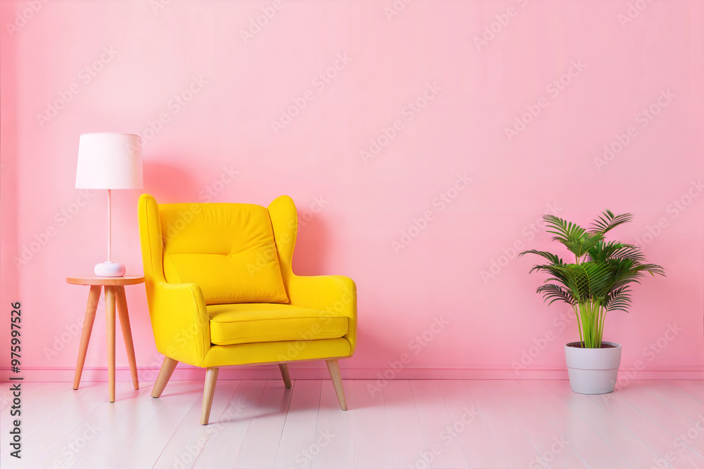 Stylish Yellow Accent Chair in a Soft Pink Room, Enhanced by a Modern Lamp and Potted Plant, Perfect for Adding a Pop of Color to Your Home Decor Stylish Yellow Accent Chair in a Soft Pink Room, Enhanced by a Modern Lamp and Potted Plant, Perfect for Adding a Pop of Color to Your Home Decor