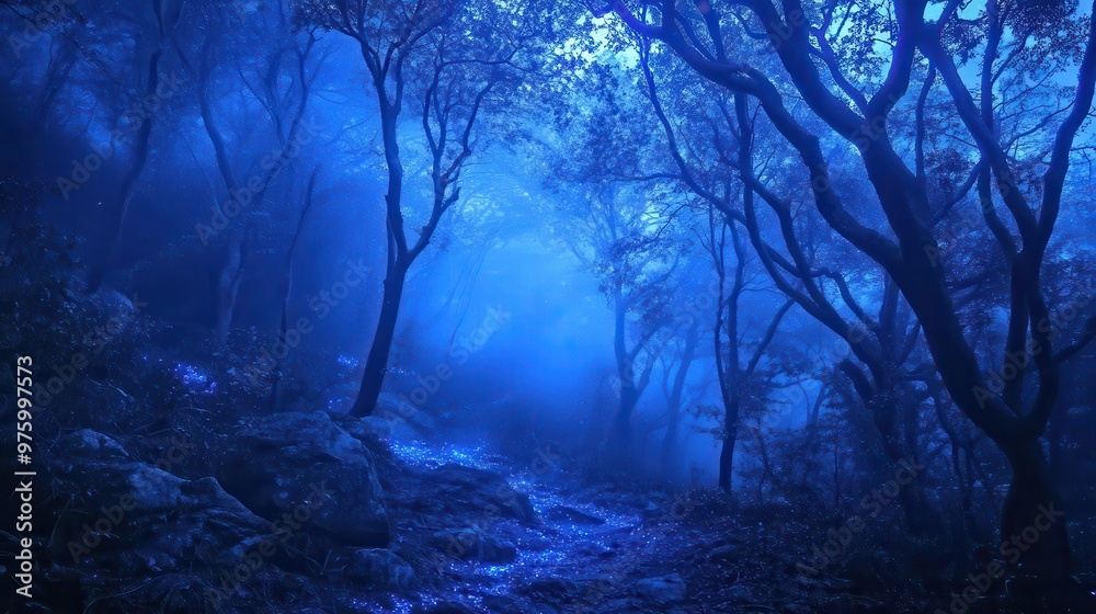 Fototapeta premium enchanted nocturnal forest bathed in ethereal blue light bioluminescent flora mistshrouded trees otherworldly ambiance
