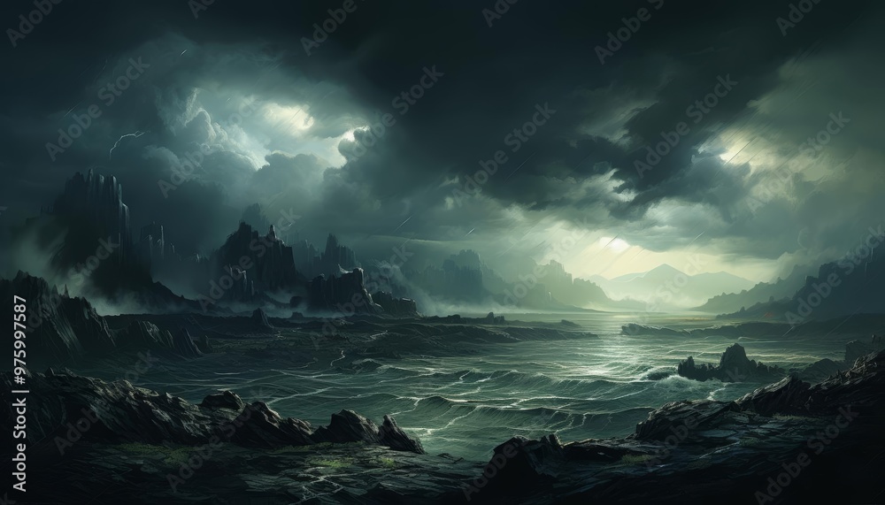 A dramatic illustration of a thunderstorm rolling over a rugged coastline A dramatic illustration of a thunderstorm rolling over a rugged coastline