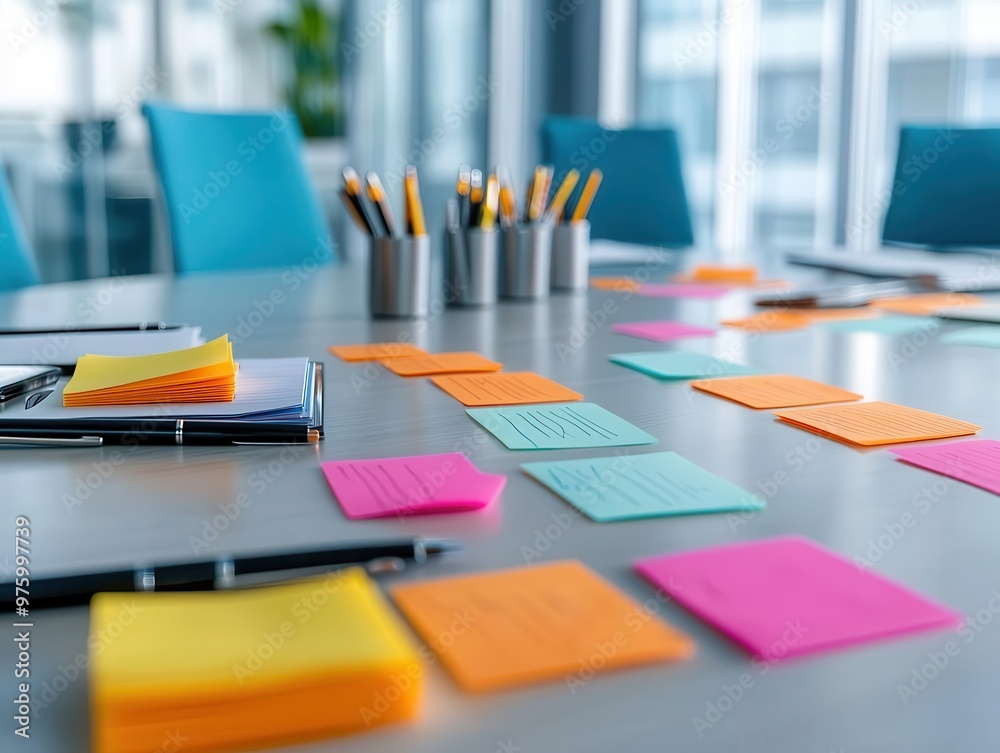 A meeting table covered with sticky notes, pens, and markers, encouraging creative collaboration in a modern office meeting space, stationery, collaborative zone A meeting table covered with sticky notes, pens, and markers, encouraging creative collaboration in a modern office meeting space, stationery, collaborative zone