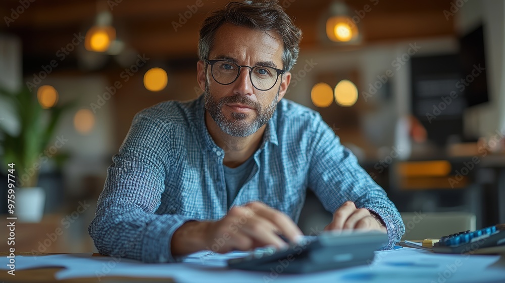 Accountant calculating financial numbers with documents and calculator in an office Accountant calculating financial numbers with documents and calculator in an office