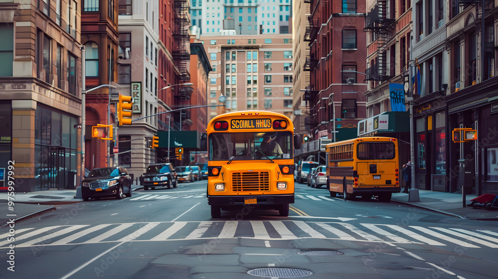 Fototapeta premium Two yellow school buses navigate a busy city intersection surrounded by tall buildings, symbolizing urban education, transportation, and daily routines.