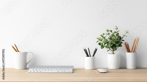 A clean and minimal desk setup in an office, with all essential stationery supplies neatly placed for productive work desk setup, stationery, productivity photo