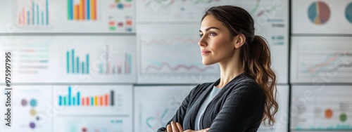 A businesswoman stands in front of a whiteboard filled with charts and data, thoughtfully analyzing business metrics for strategic insights.
