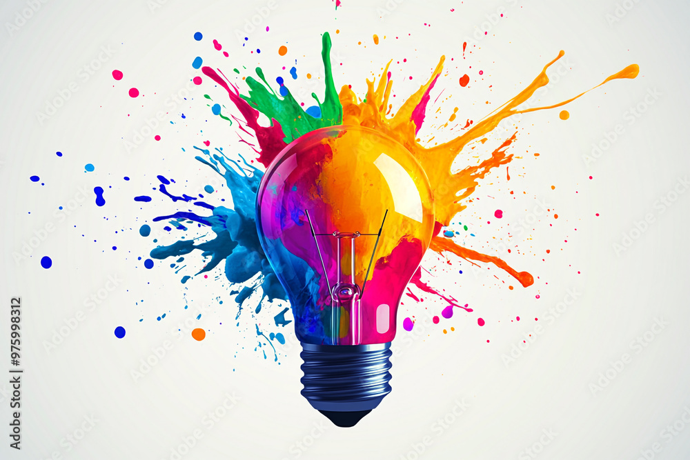 Creative, colorful light bulb with abstract shapes and splashes of paint on a white background. Creative idea concept design. Creative, colorful light bulb with abstract shapes and splashes of paint on a white background. Creative idea concept design.