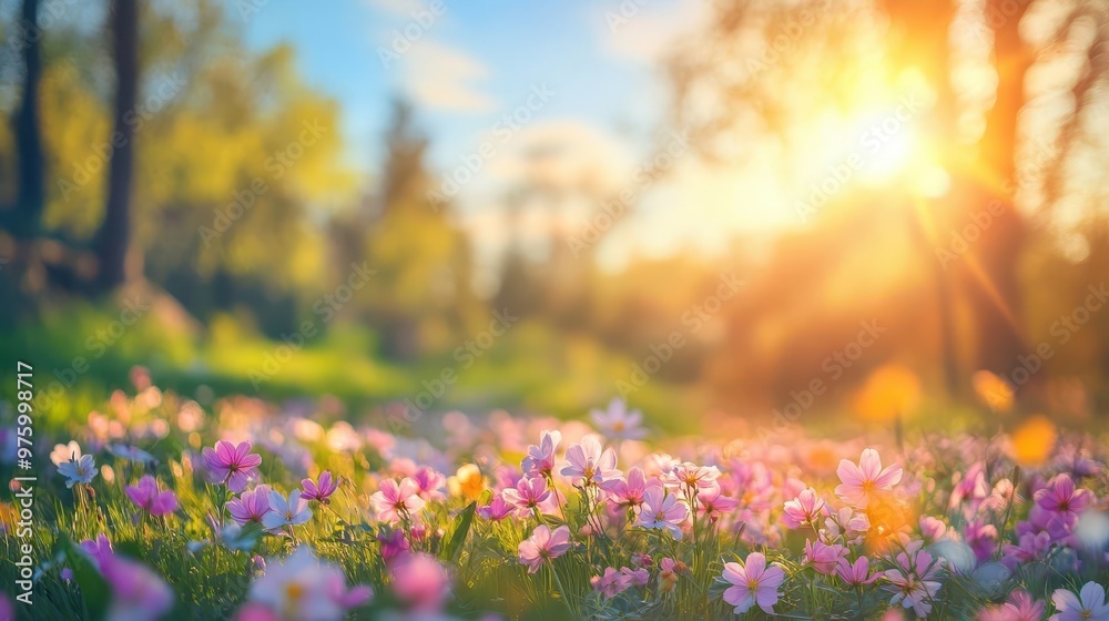 Obraz premium enchanting spring scene blurred foreground of blooming flowers leads to sunlit trees and blue sky idyllic nature backdrop with soft focus and vibrant colors