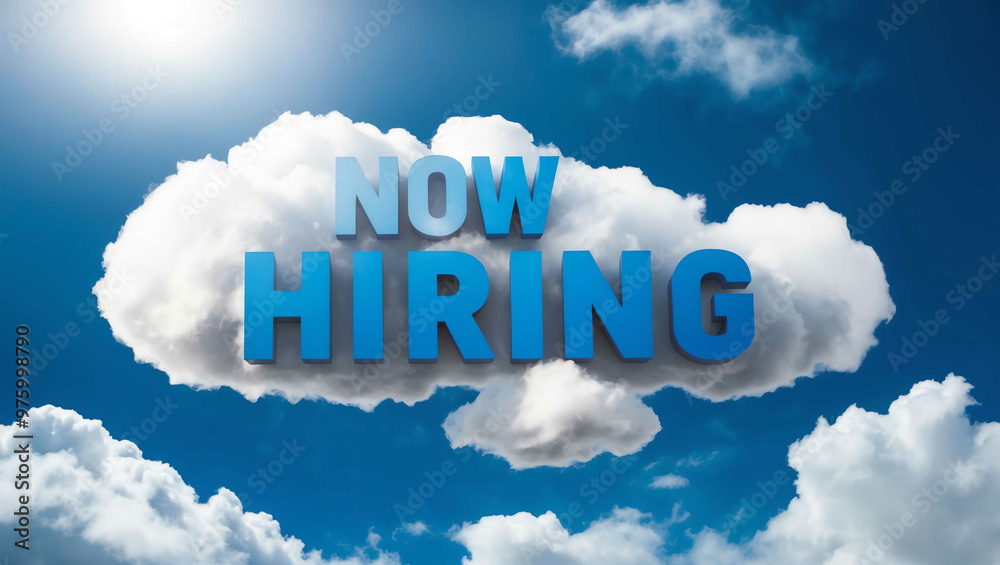 Fototapeta premium now hiring word made of clouds in blue sky background