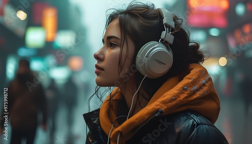 Young woman in headphones escapes reality, immersed in music and personal reflections