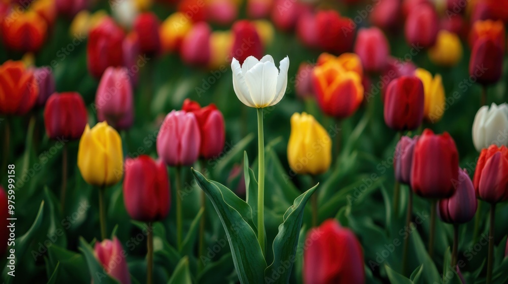 A single white tulip blooming in a field of colorful tulips, standing out with its pure elegance A single white tulip blooming in a field of colorful tulips, standing out with its pure elegance