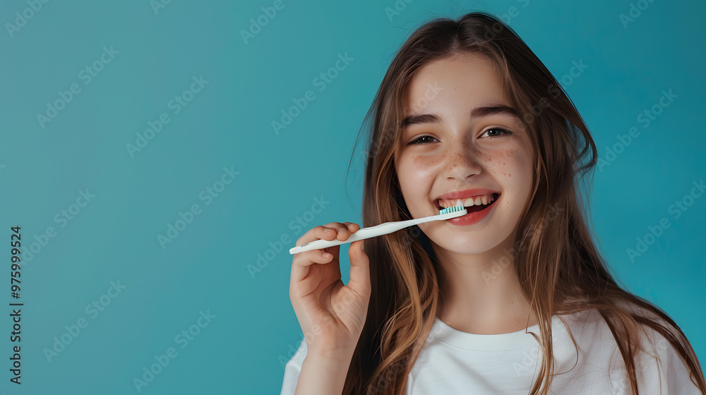 A cheerful young woman brushes her teeth with a white toothbrush, smiling brightly against a blue background, promoting dental care and healthy habits. A cheerful young woman brushes her teeth with a white toothbrush, smiling brightly against a blue background, promoting dental care and healthy habits.