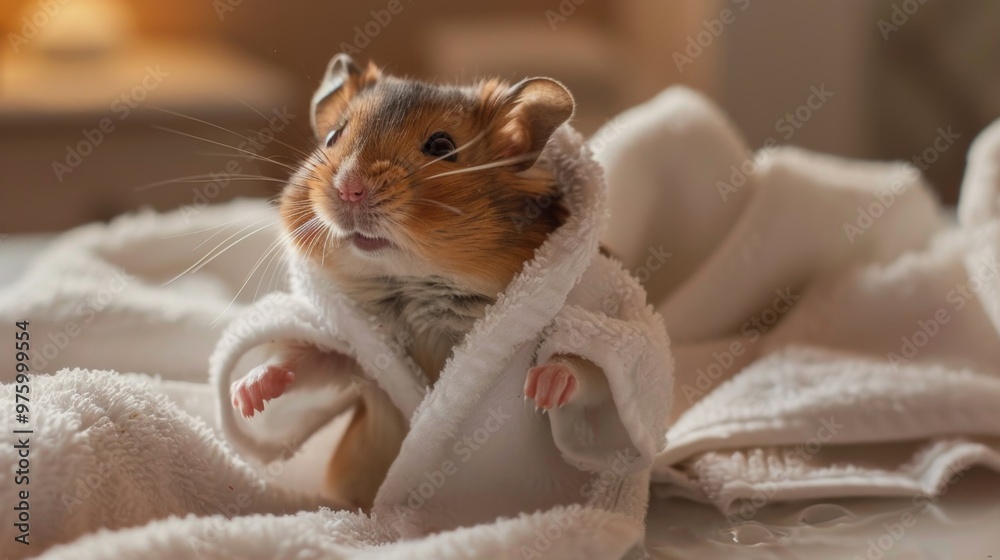 cute hamster wrapped in a fluffy white robe, looking cozy and relaxed. cute hamster wrapped in a fluffy white robe, looking cozy and relaxed.