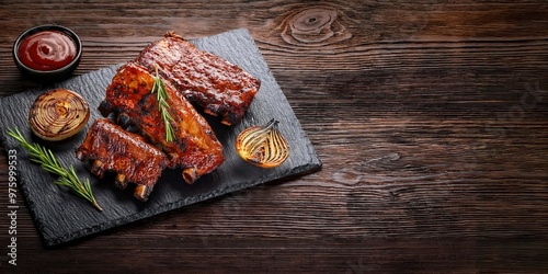 Grilled ribs pork, grilled onion, and rosemary sprig on black slate. Dark rustic wooden table with space for text. photo