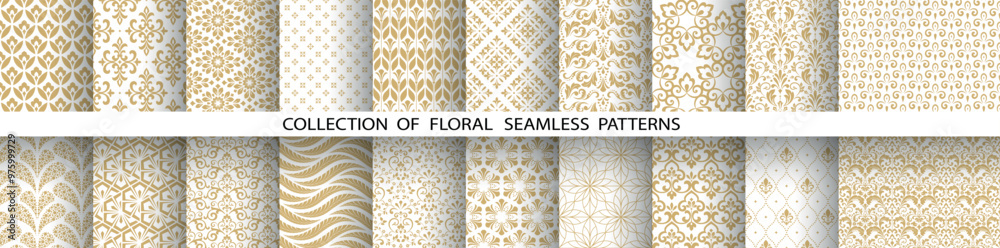 Geometric floral set of seamless patterns. White and golden vector backgrounds. Damask graphic ornaments Geometric floral set of seamless patterns. White and golden vector backgrounds. Damask graphic ornaments