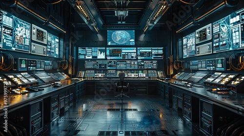 Futuristic Control Room with Monitors and Desks