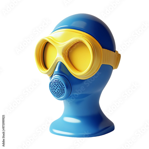 Blue and Yellow Gas Mask, Colorful Respirator, Industrial Safety Gear Sculpture, Artistic Display, Unique Decor photo