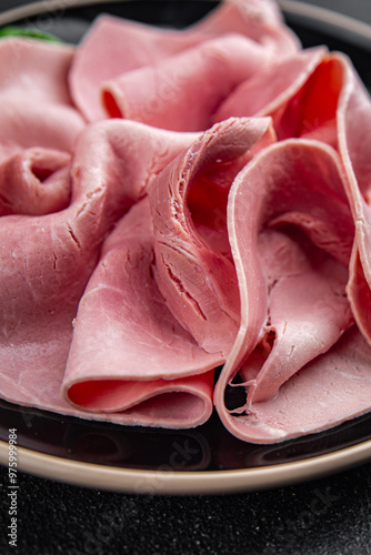 ham spam pork meat tasty fresh meal food snack on the table copy space food background rustic top view photo