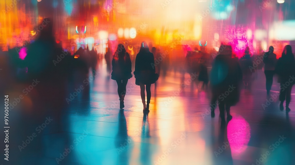 ethereal cityscape with blurred silhouettes of diverse people soft neon lights creating a dreamlike atmosphere capturing the essence of urban anonymity and connection