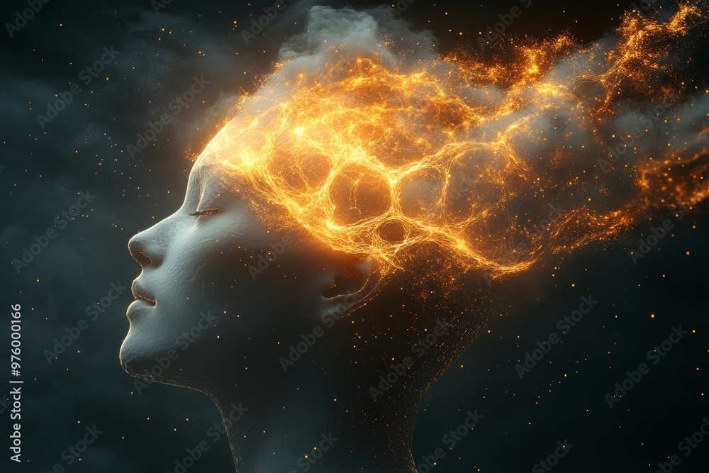 Profile of a woman with fiery neural patterns emerging from her head symbolizing creativity imagination and dynamic energy in a surreal abstract scene