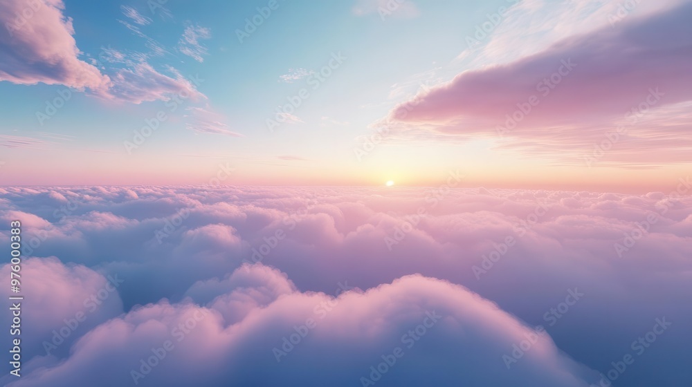 Obraz premium ethereal cloudscape with vibrant blue sky and billowing pink clouds at sunset aerial perspective creates a sense of vastness and serenity in this dreamy atmosphere