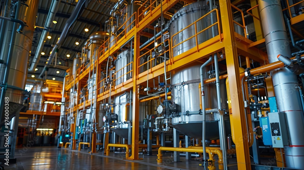 Industrial Interior with Large Tanks and Yellow Steel Framing Industrial Interior with Large Tanks and Yellow Steel Framing
