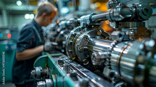 Close-up of a Metallic Industrial Machine with a Blurred Worker in the Background