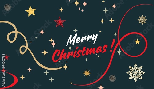 Christmas greetings banner with swirl ribbons and stars on black color background