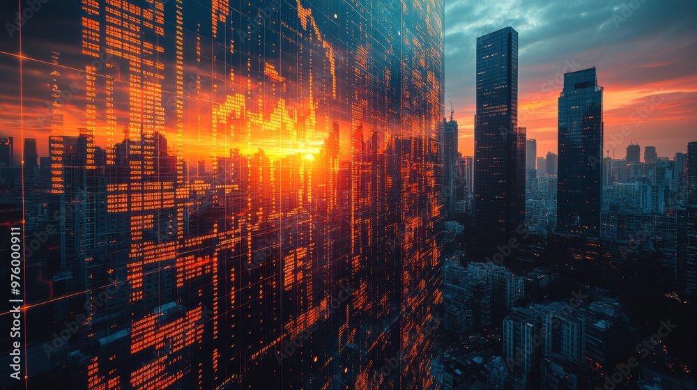 Skyscrapers and financial data overlaid for a modern business concept Skyscrapers and financial data overlaid for a modern business concept