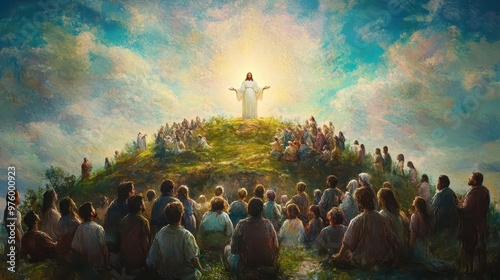 ethereal depiction of the sermon on the mount jesus radiates divine light atop a verdant hill surrounded by a diverse crowd impressionistic brushstrokes create a dreamlike atmosphere