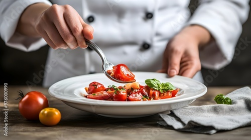 A chef carefully plating vibrant salad with fresh tomatoes, showcasing culinary skill and attention to detail. photo