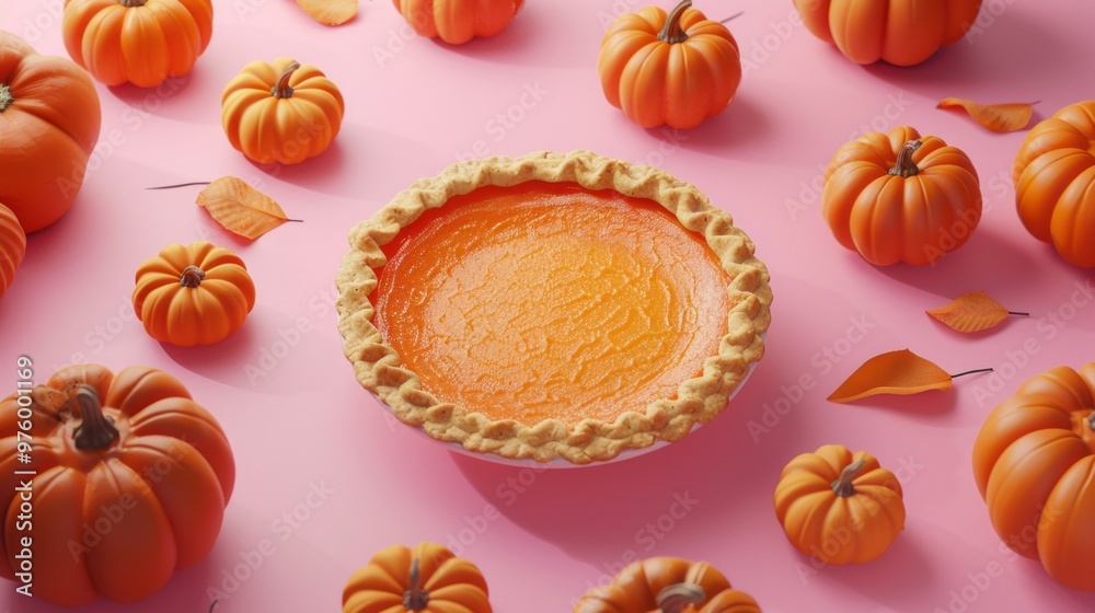 A pie is placed on a table with a bunch of orange pumpkins A pie is placed on a table with a bunch of orange pumpkins