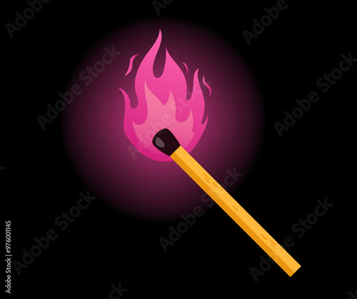 Burning match with pink flame concept. Vector design graphic illustration