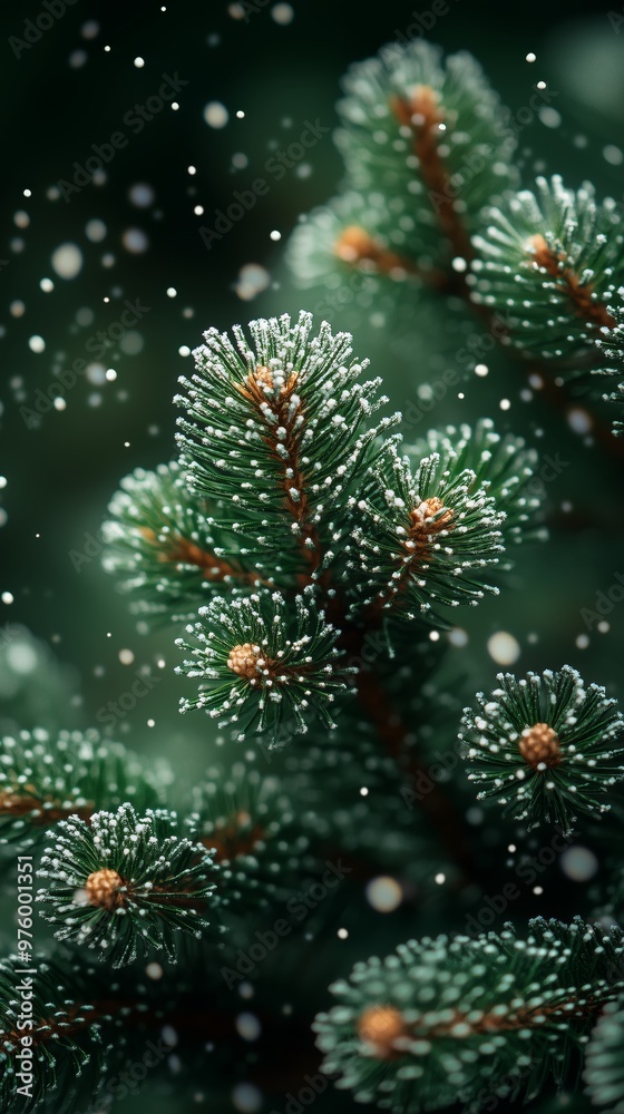 Phone wallpaper snowflakes falling on a pine tree, with a blurred background Phone wallpaper snowflakes falling on a pine tree, with a blurred background