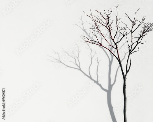 A simple tree silhouette with no leaves, its branches creating intricate shadow designs on a smooth surface tree silhouette, shadow, minimalist