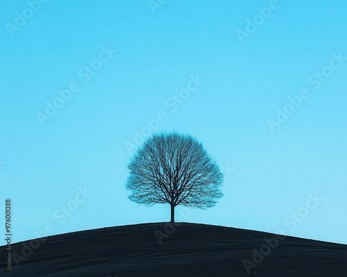A minimalist tree silhouette on a hilltop, with its shadow stretching across a flat horizon tree silhouette, shadow, minimalist landscape